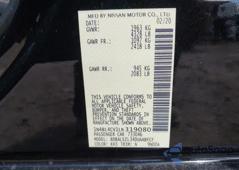 2020 Nissan Altima Sr Fwd из США, поврежденный, VIN 1N4BL4CV1LN319080